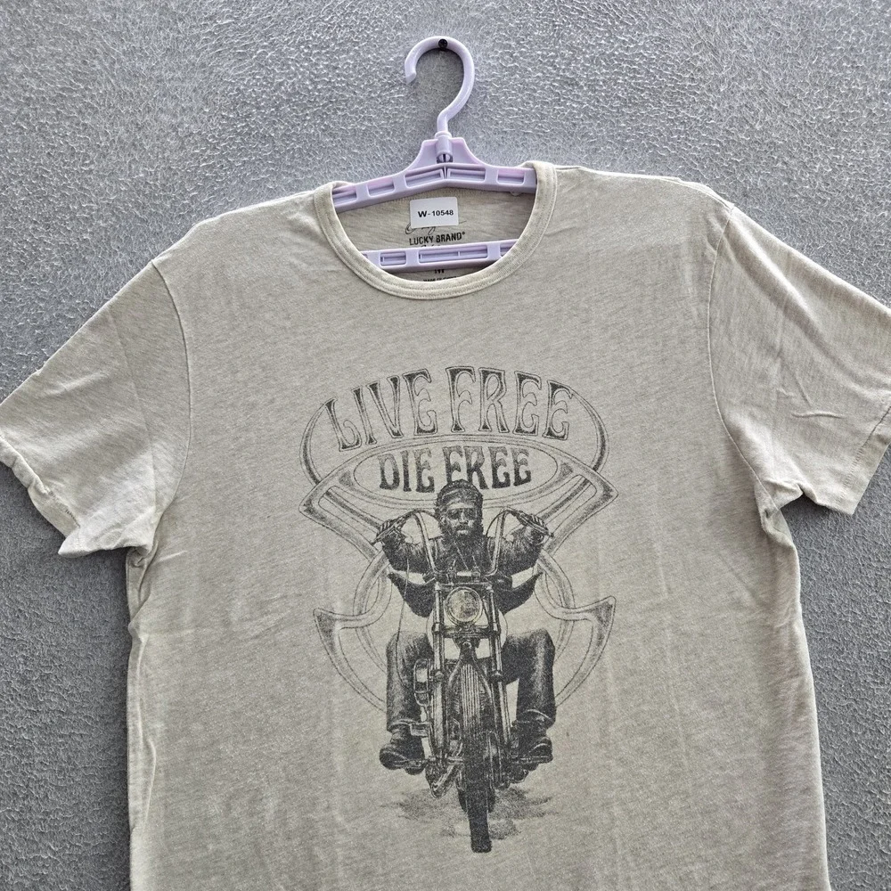 Lucky Brand Men Shirt M Beige Graphic Motorcycle Rider Biker Grunge READ